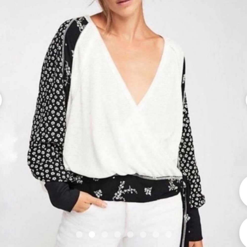 Free People Auxton Wrap Floral Top Black/White 90’s Boho Cottagecore Festival